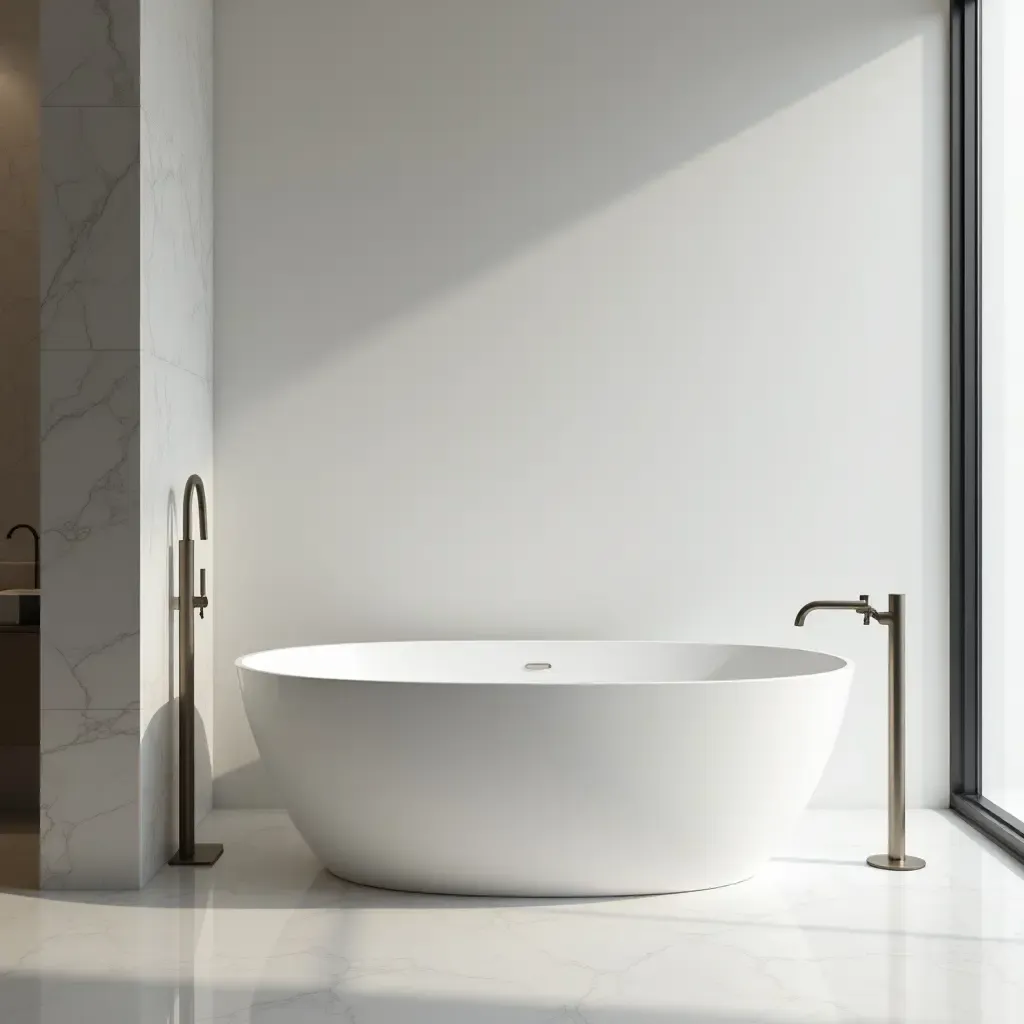 a photo of a sleek modern freestanding tub in a minimalist bathroom