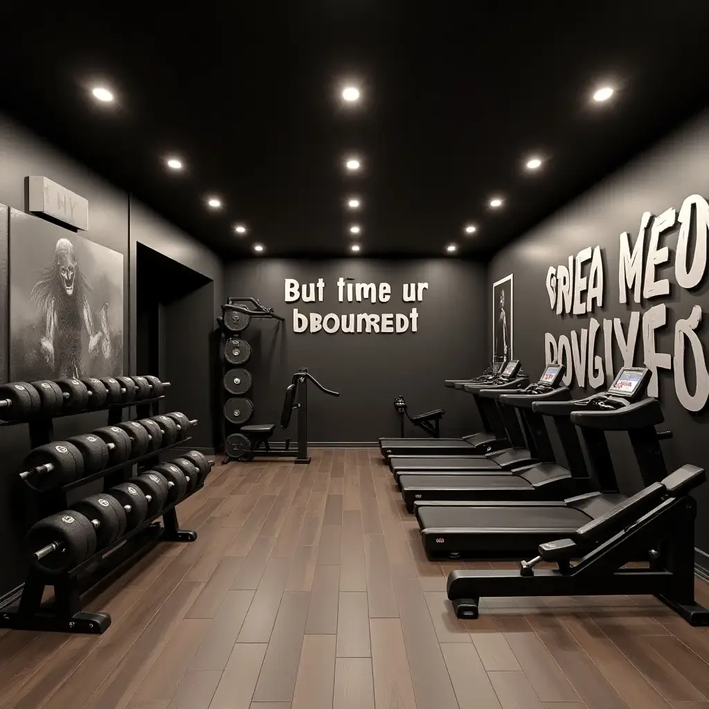 a photo of a trendy basement gym with modern equipment and motivational wall art