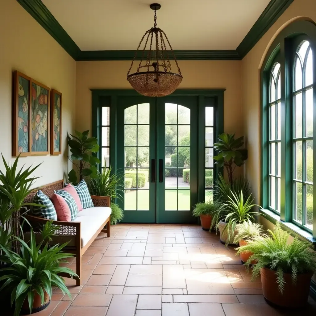 a photo of an entrance hall with a whimsical garden theme and hanging planters