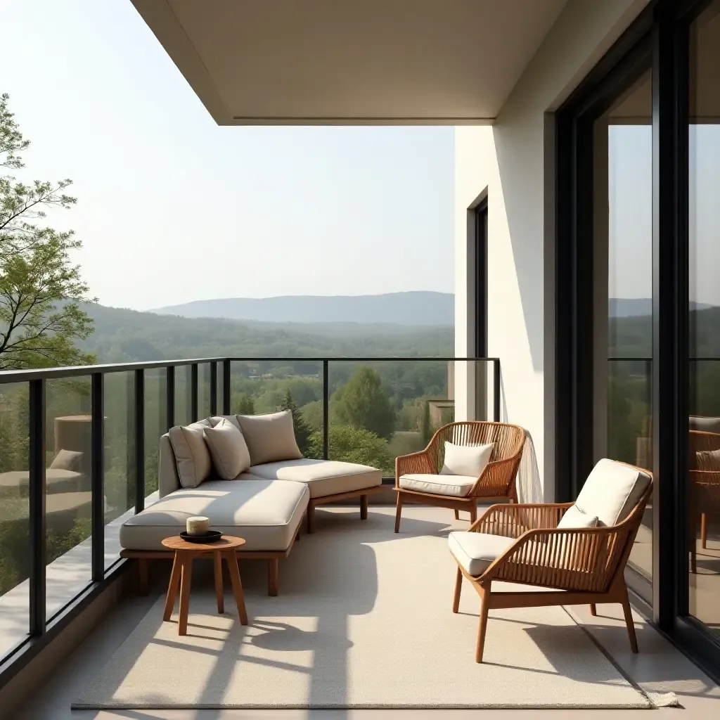 a photo of a modern balcony with minimalist furniture and bold accents