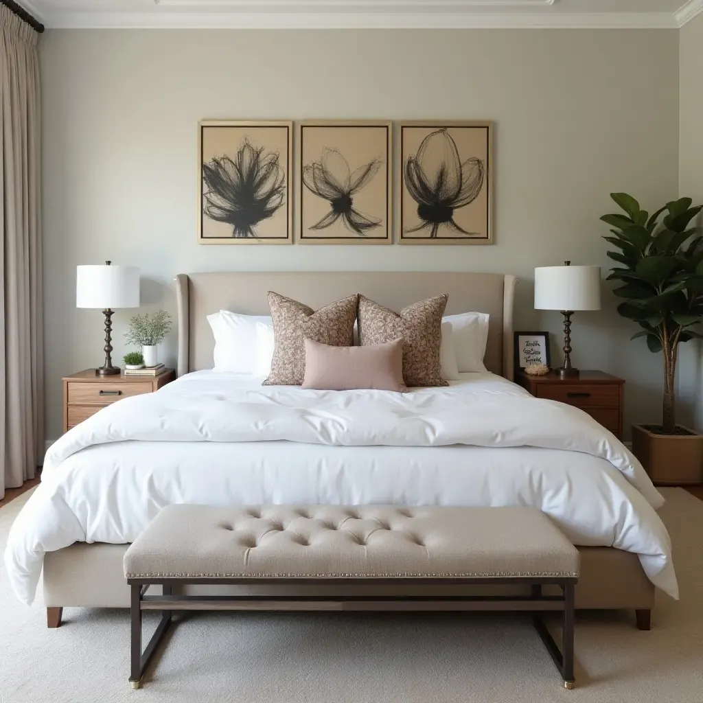 a photo of a stylish bedroom with artistic throw pillows