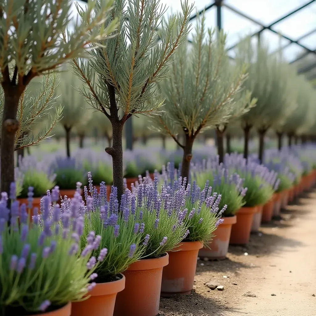 a photo of a nursery decorated with potted olive trees and lavender plants