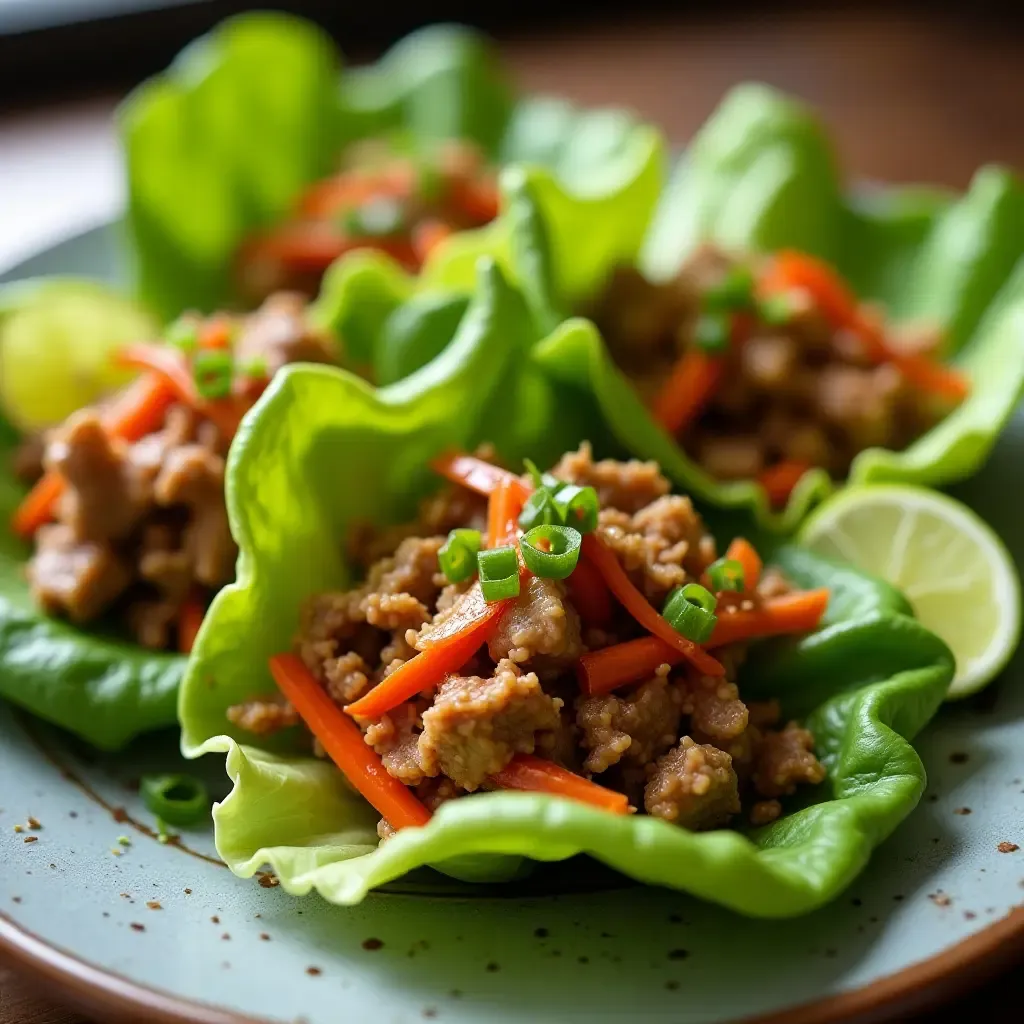 a photo of aromatic Thai pork larb in lettuce cups with lime garnish