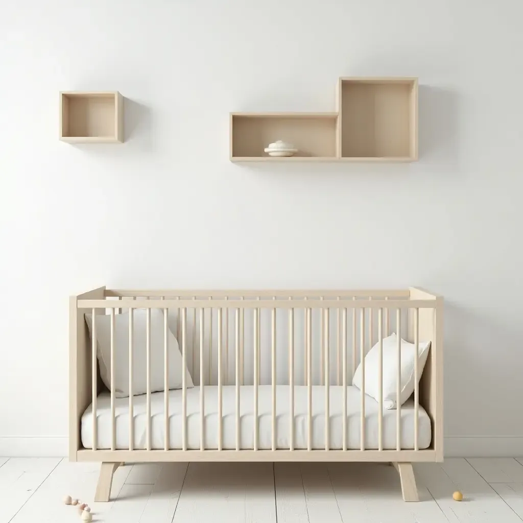 a photo of a modern nursery with a minimalist crib and wall-mounted shelves