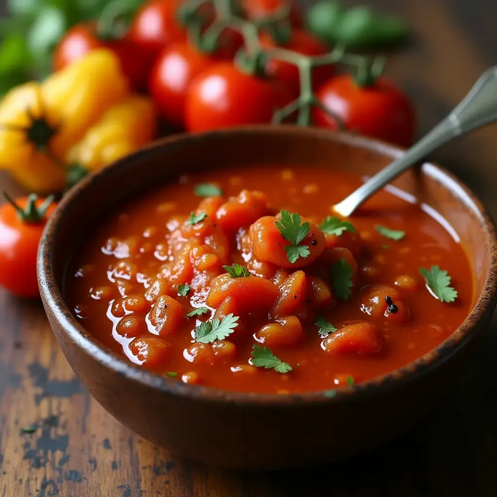 a photo of a smoky chipotle salsa with roasted tomatoes and charred peppers