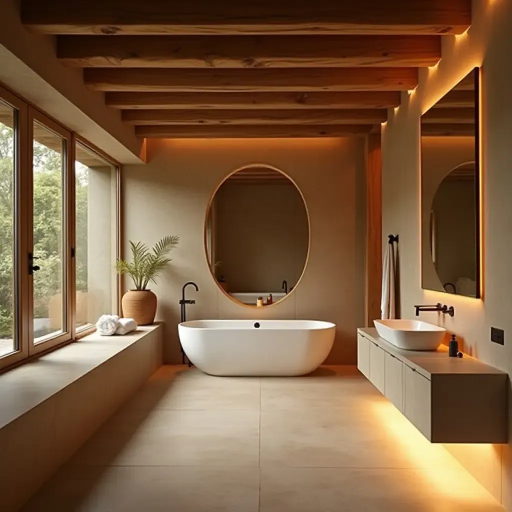 a photo of a bathroom with wooden beams and soft lighting for a warm ambiance