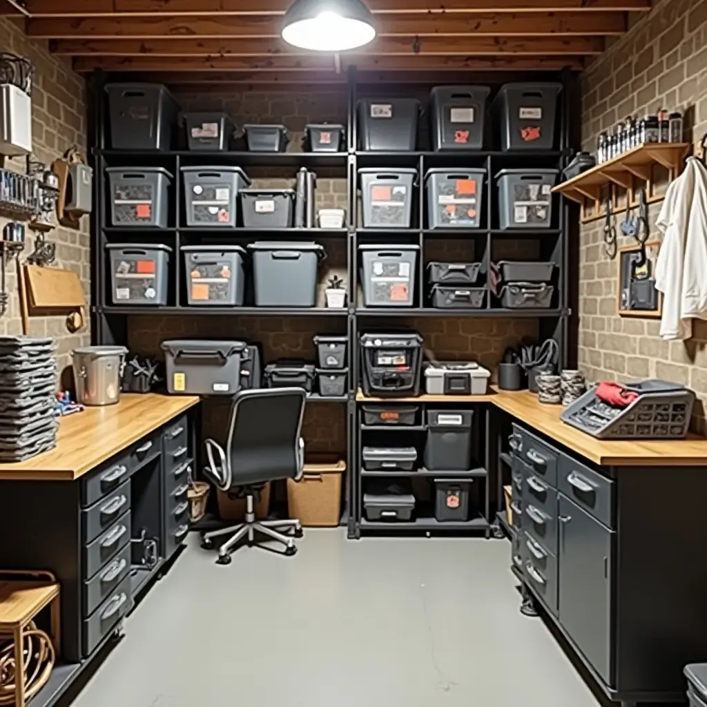 a photo of a functional basement storage area with bins