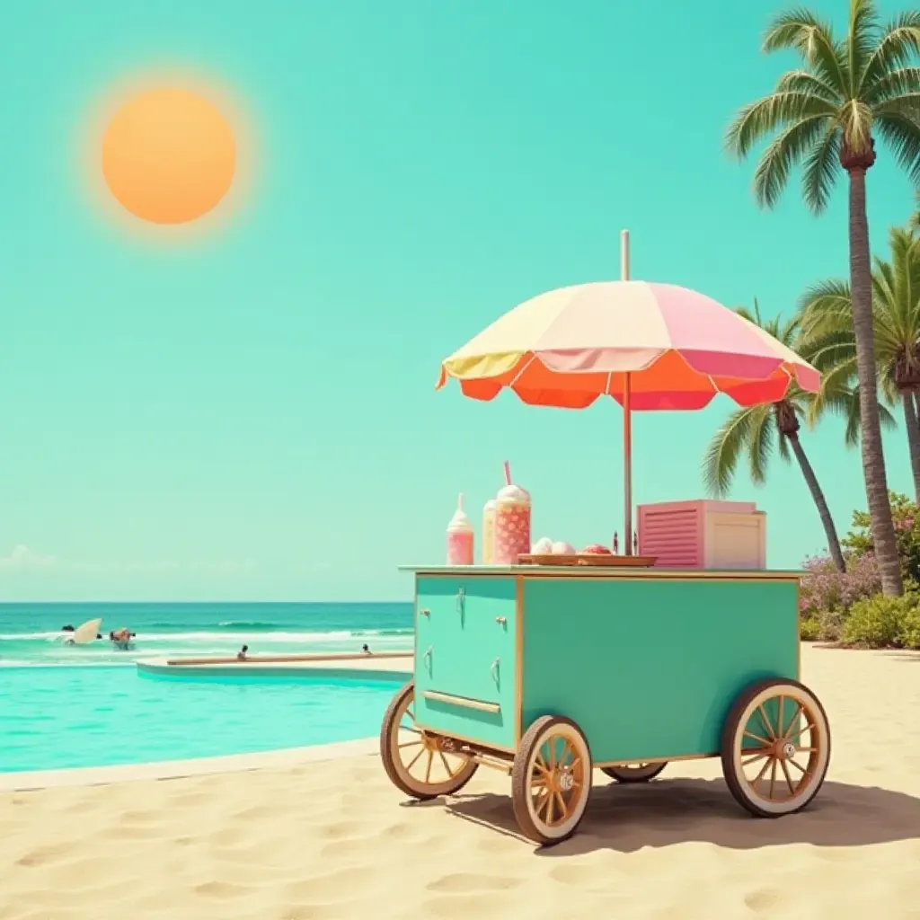 a photo of a vintage ice cream cart next to a sunny pool