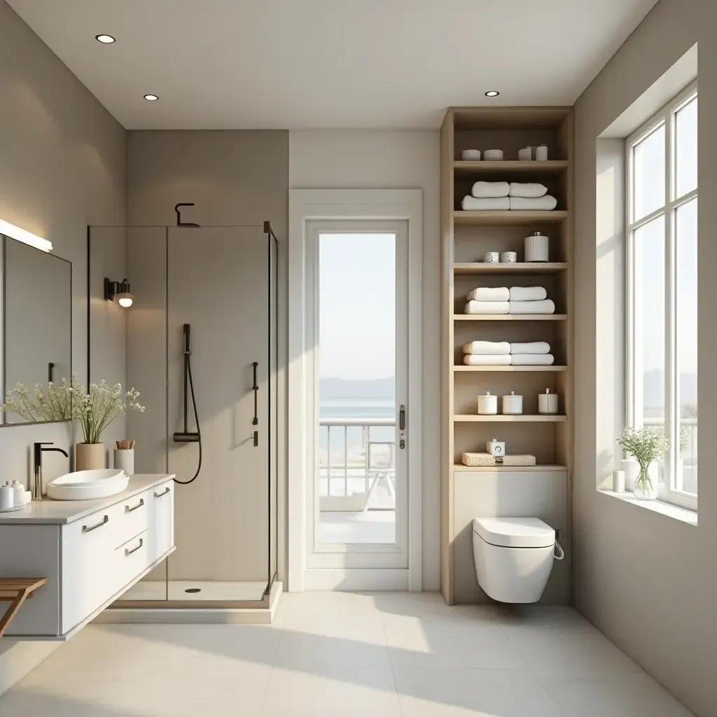 a photo of a bathroom with open shelving for easy access