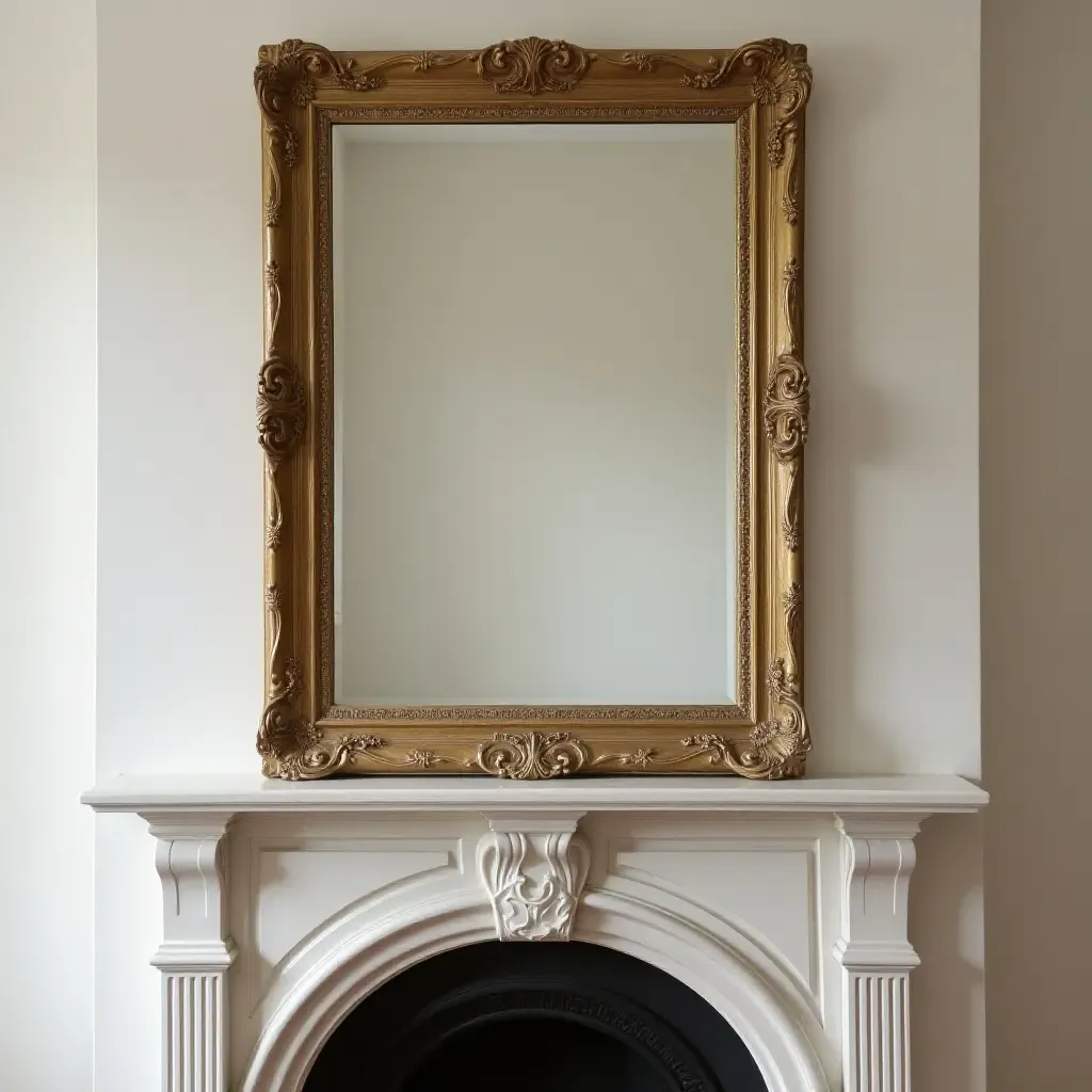 a photo of a decorative mirror with intricate framing above a mantel