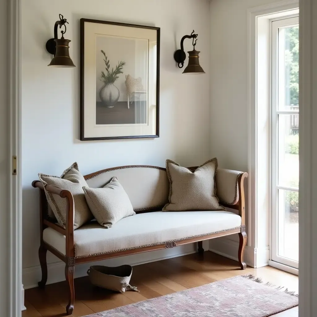 a photo of an antique bench with cushions in a cozy entryway