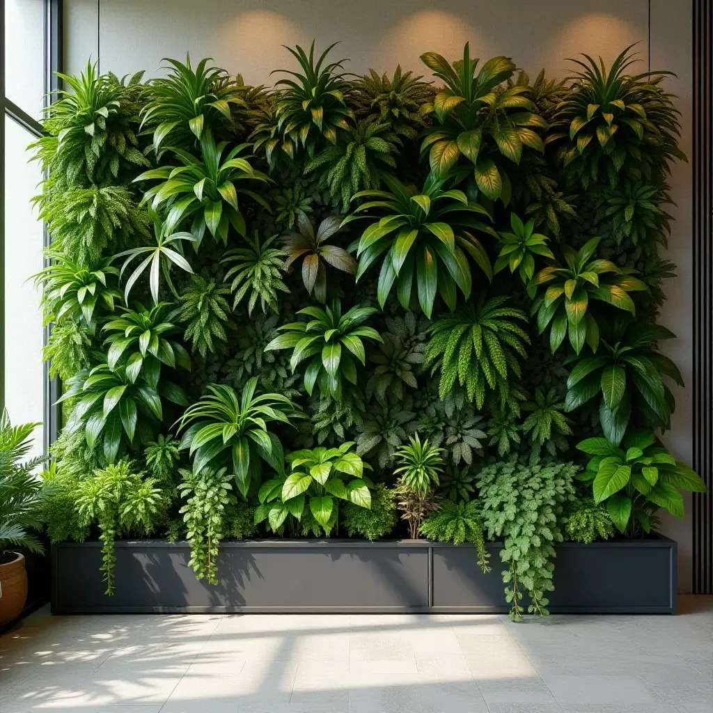 a photo of a garden wall with a blend of indoor and outdoor plants