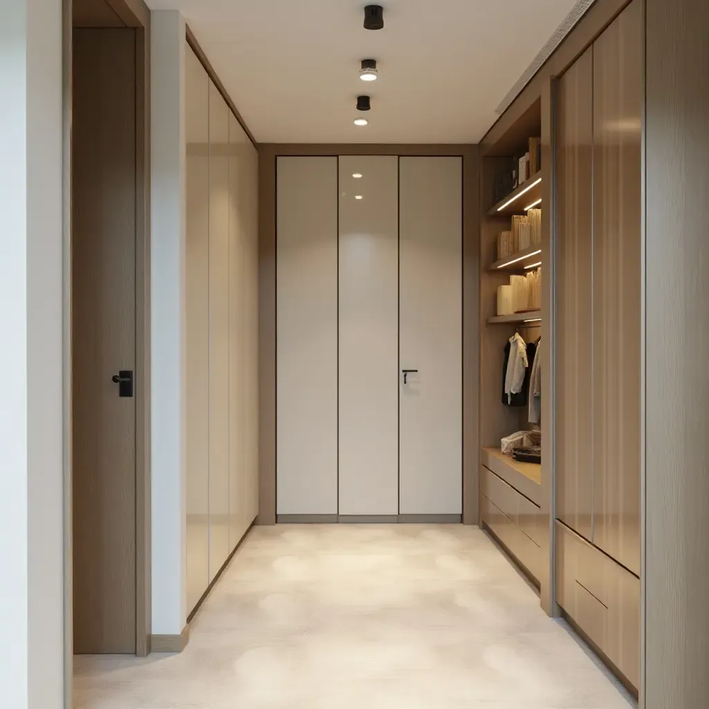 a photo of a stylish corridor with a decorative ladder and storage bins