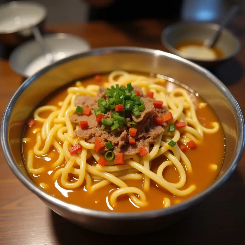 a photo of Busan&#x27;s milmyeon, cold noodle dish with vibrant toppings, served in a metal bowl.