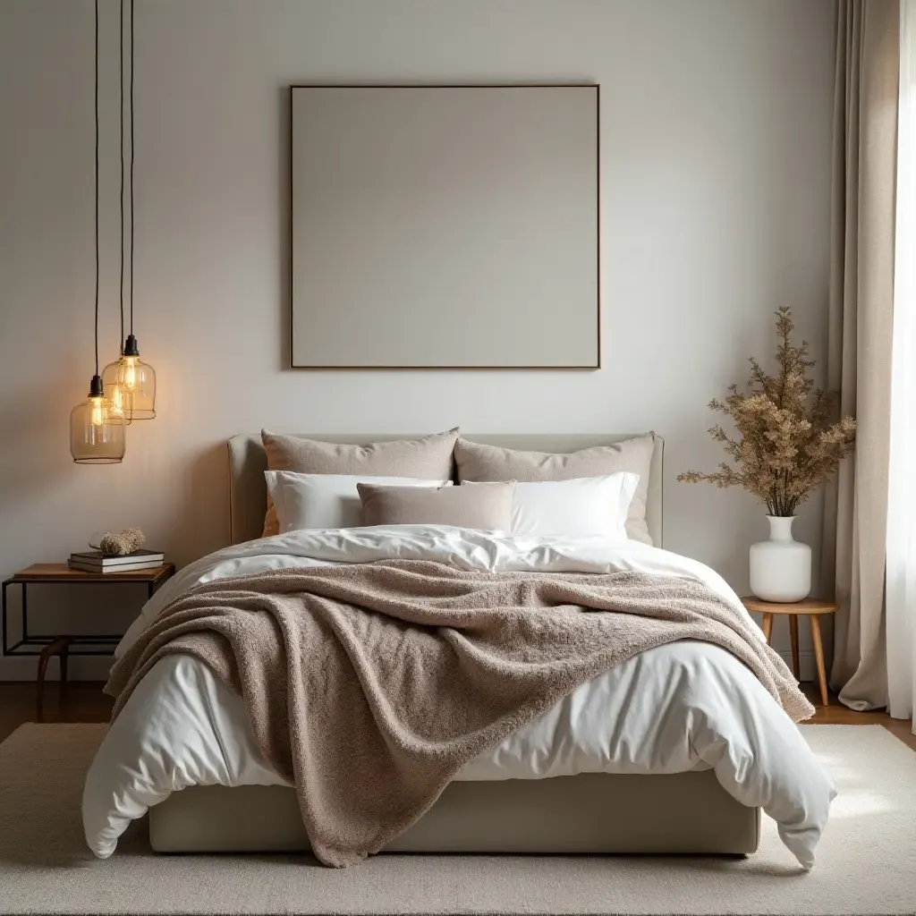 a photo of a modern bedroom with layered textiles and cozy throw blankets