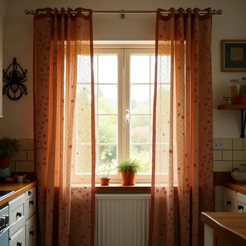 a photo of bohemian-style curtains in a sunlit kitchen