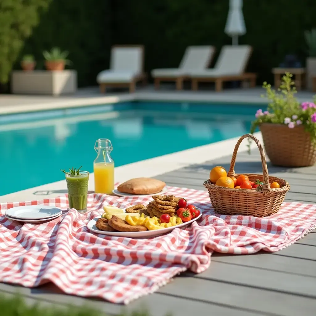 a photo of a poolside picnic setup with blankets and baskets of snacks