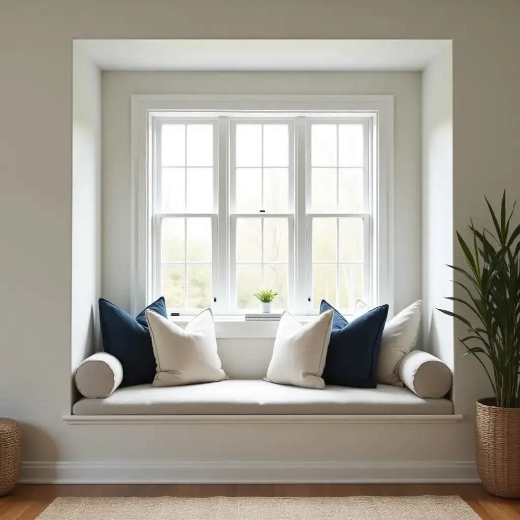 a photo of a cozy nook in a farmhouse bedroom with a window seat