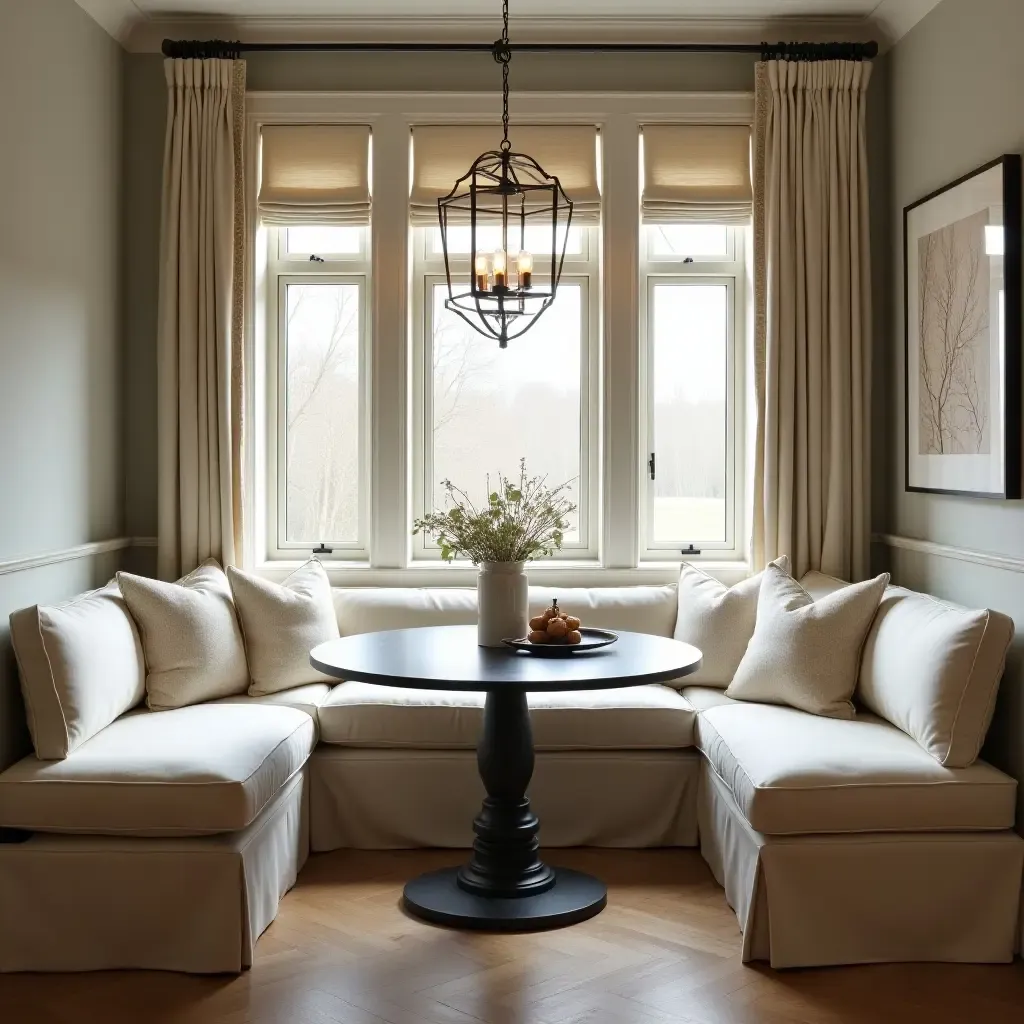 a photo of a cozy kitchen nook with plush seating and elegant decor