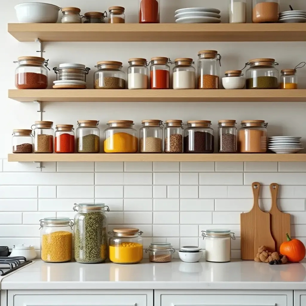 a photo of a bright kitchen with open shelves displaying colorful spices and jars