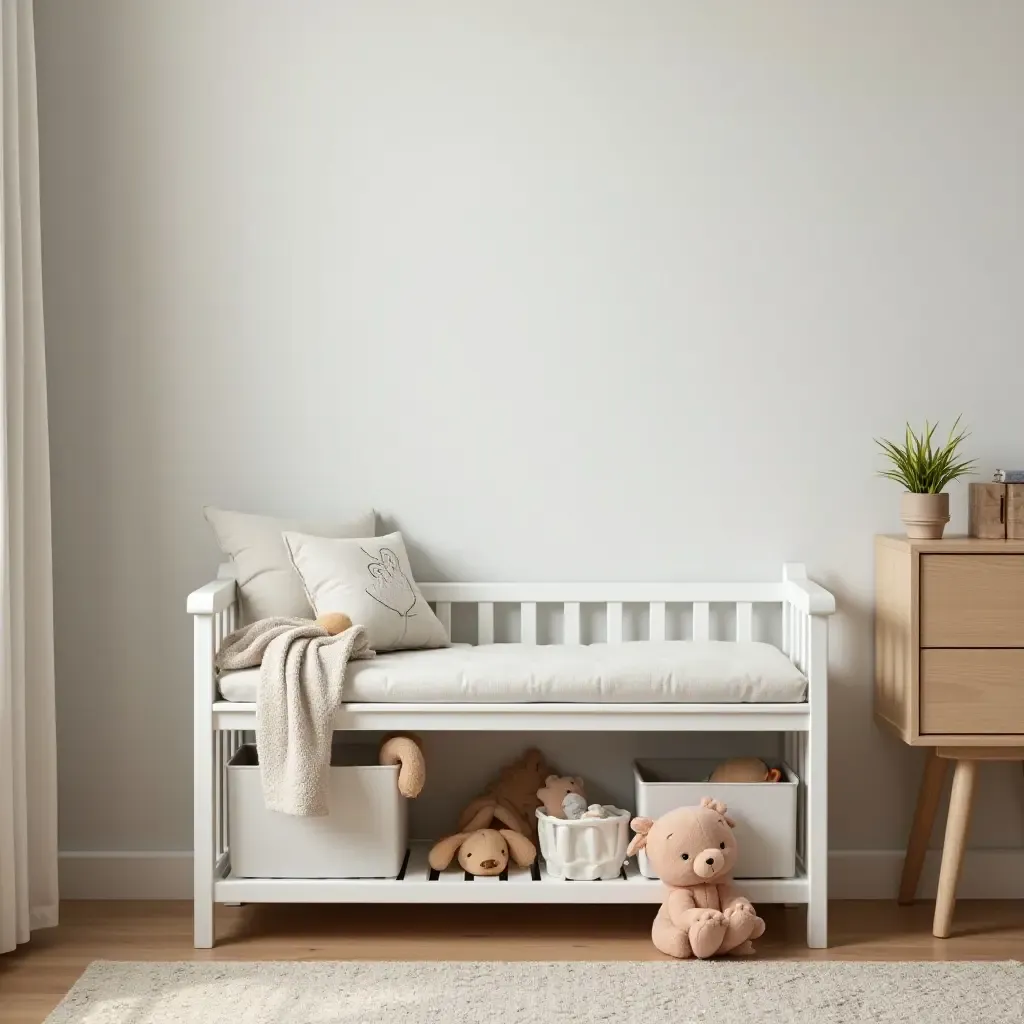 a photo of a nursery with a unique toy storage bench