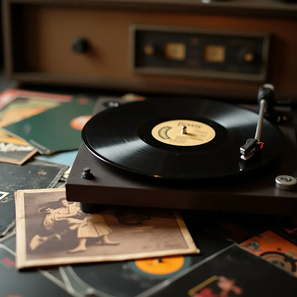 a photo of a vintage record player surrounded by classic vinyl records