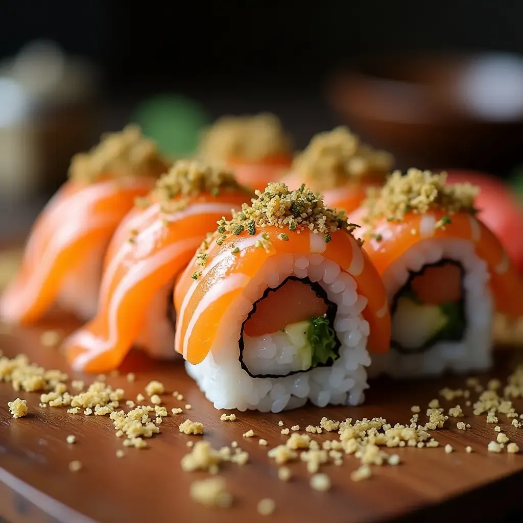 a photo of a sushi roll with umami-packed seaweed and a sprinkle of bonito flakes.