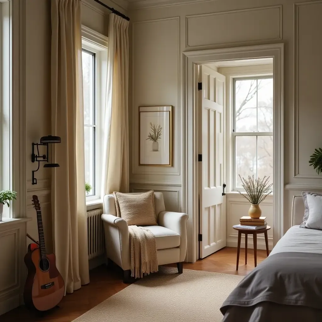 a photo of a bedroom nook with a cozy chair and a good book