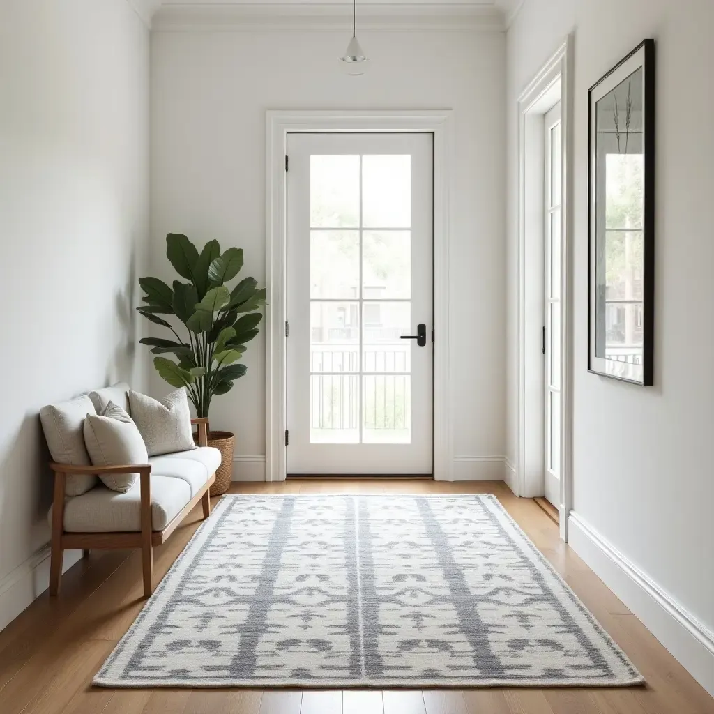 a photo of a monochrome rug with a chic design in a modern foyer