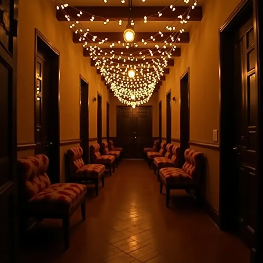 a photo of a cozy corridor with fairy lights and comfy chairs