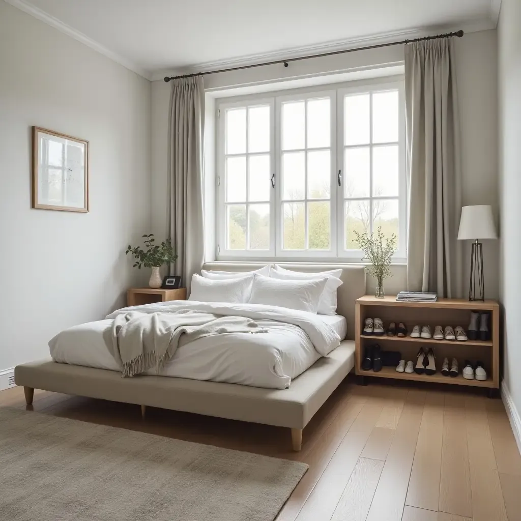 a photo of a bedroom with a stylish shoe rack under the window