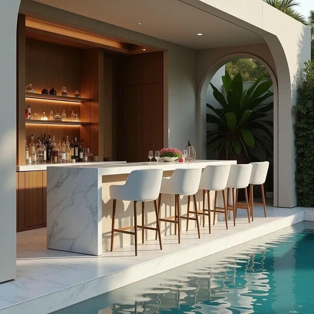 a photo of an elegant marble bar with high-backed chairs by the pool