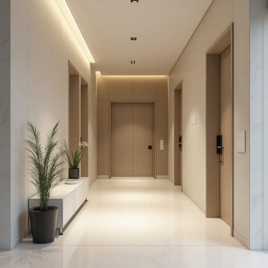 a photo of a minimalist entrance hall with a sleek design and neutral colors