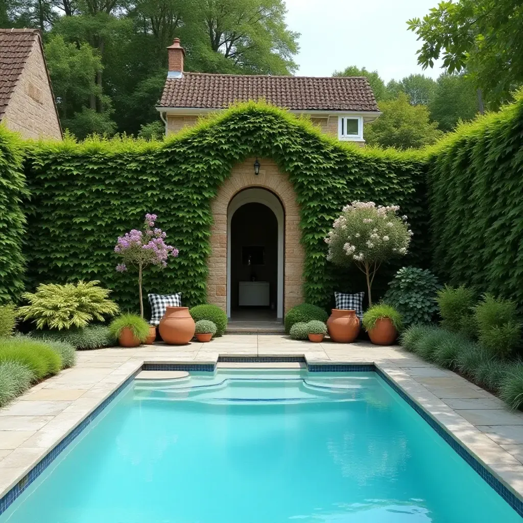 a photo of a charming cottage-style garden wall by the pool