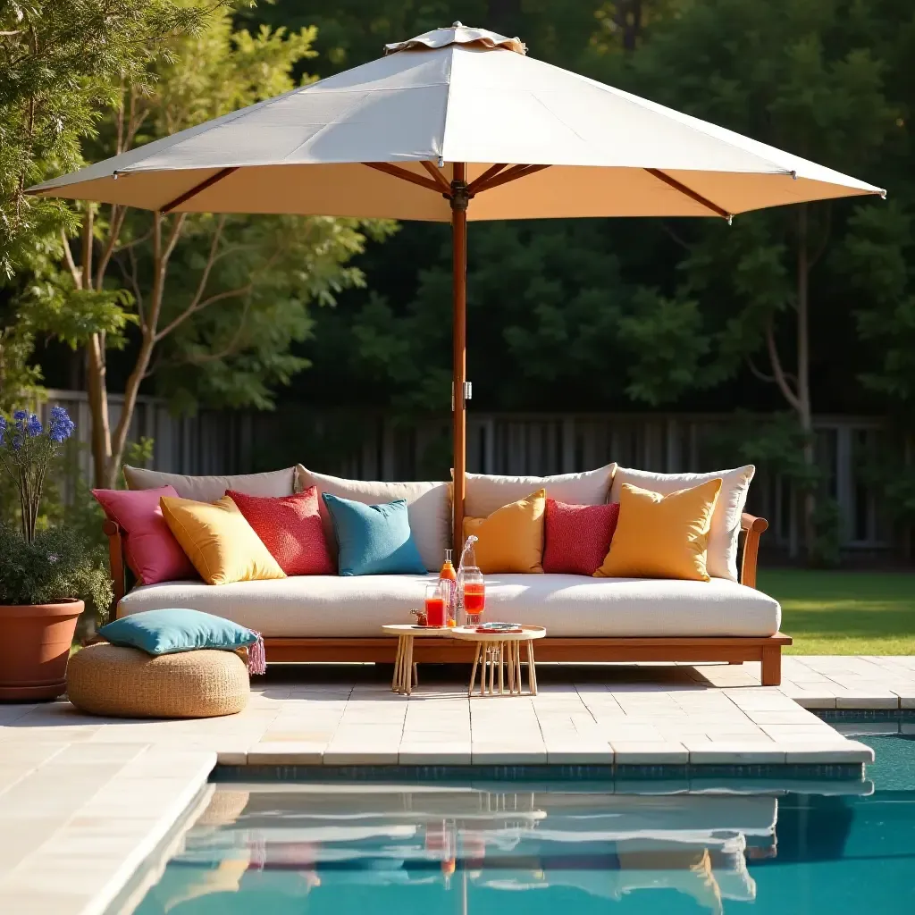 a photo of colorful throw pillows arranged around a pool cabana