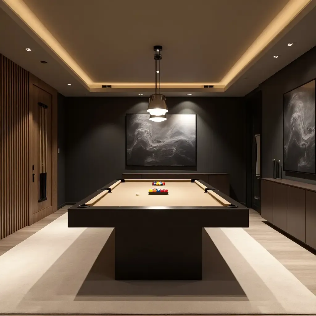 a photo of a sophisticated basement game room with a sleek pool table and modern decor