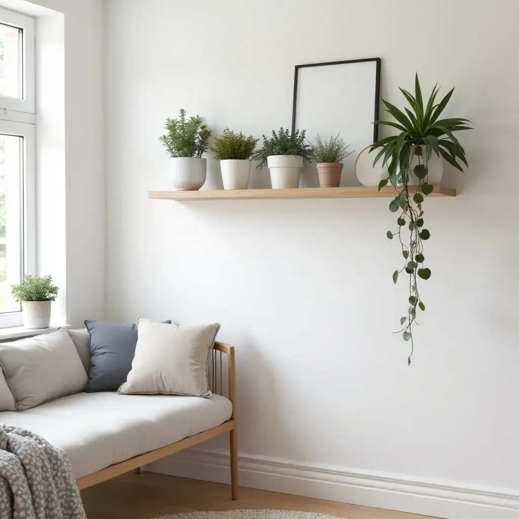 a photo of a stylish Scandinavian teen room with a wall-mounted shelf and plants