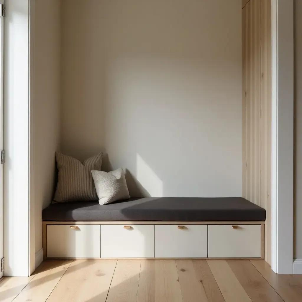 a photo of a cozy hallway featuring a bench with hidden storage compartments