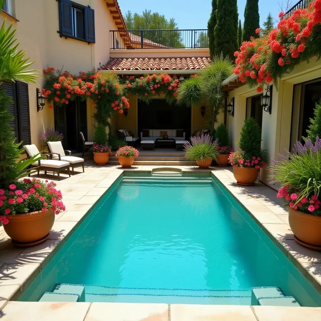 a photo of a Mediterranean-style pool surrounded by terracotta pots and vibrant flowers