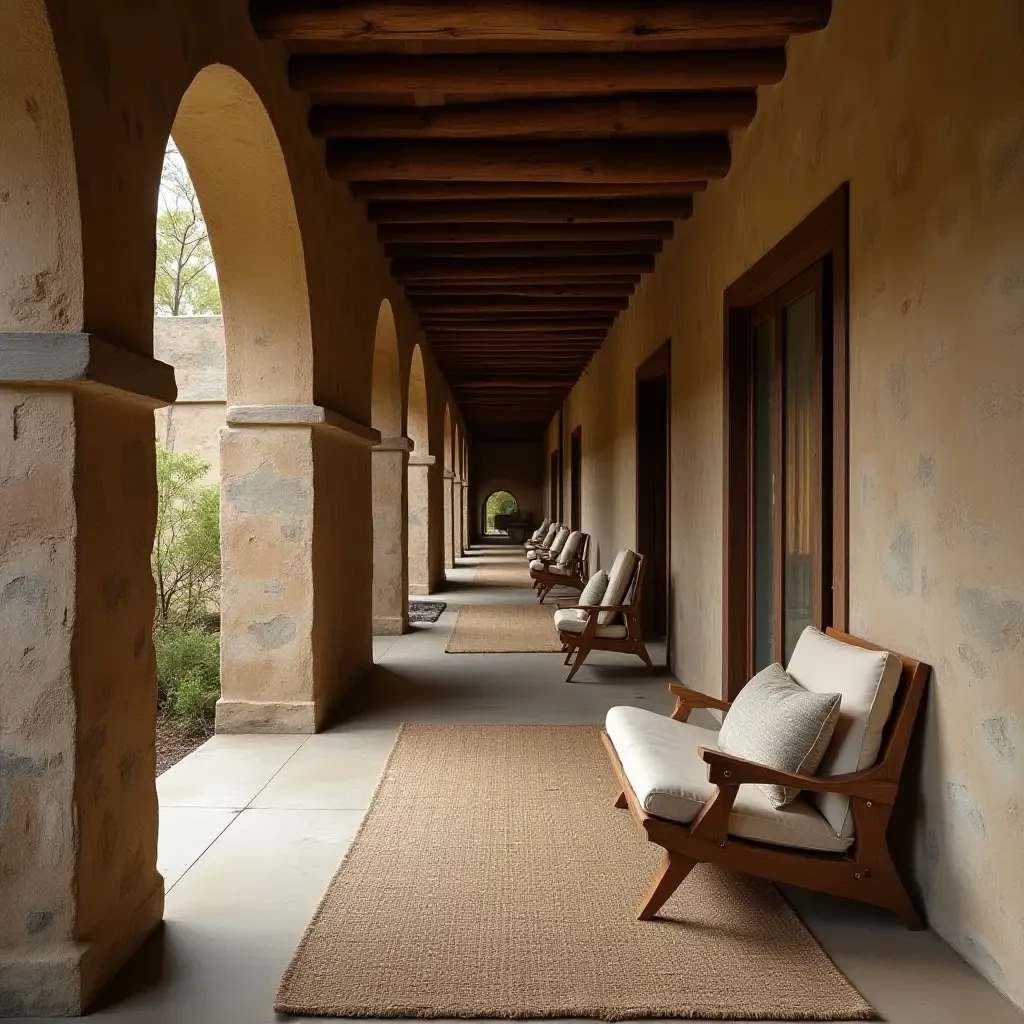 a photo of a rustic corridor combining woven fabric, aged wood, and raw metal elements