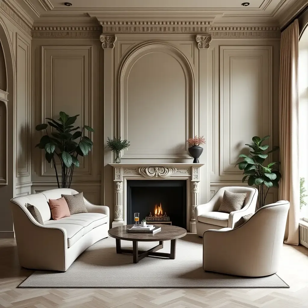 a photo of a vintage-inspired living room with ornate marble details and classic furnishings