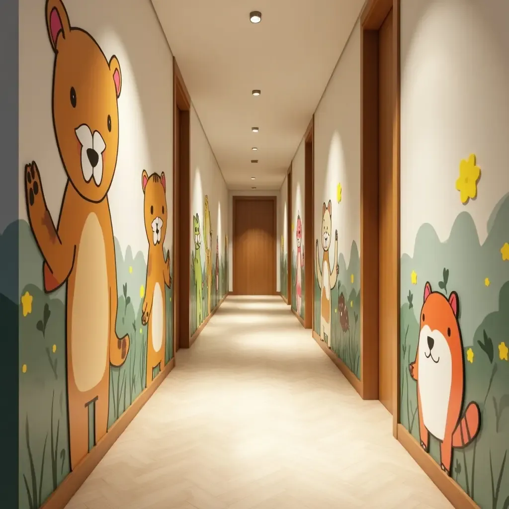 a photo of a corridor with a fun animal-themed decor