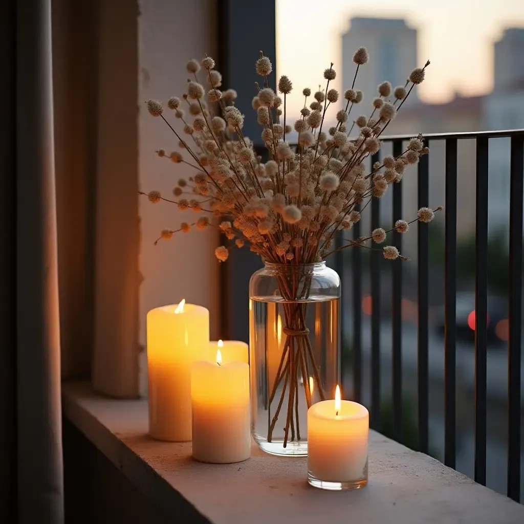 a photo of a balcony decorated with elegant vases and scented candles