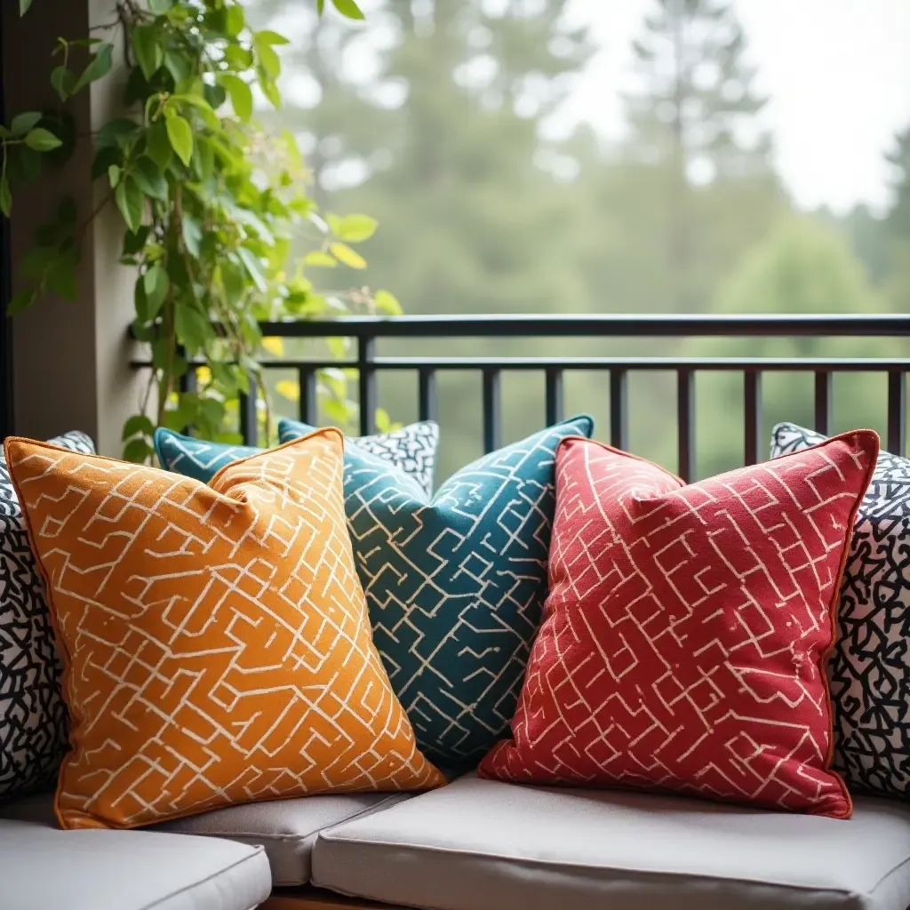 a photo of a balcony with throw pillows in vibrant hues