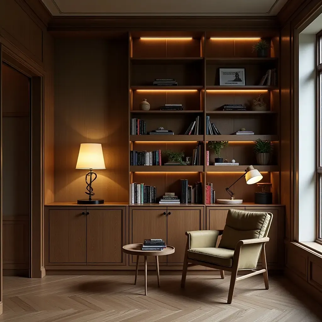 a photo of a home library with vintage wooden cabinets and modern reading lamps