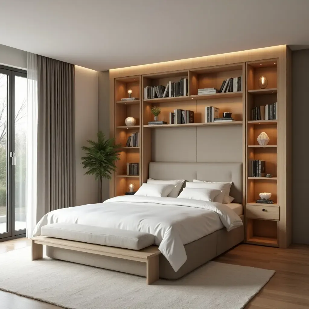 a photo of a bed with built-in book storage