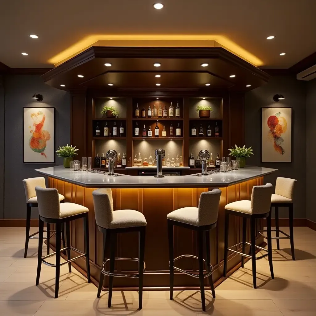 a photo of a chic basement bar area with stools