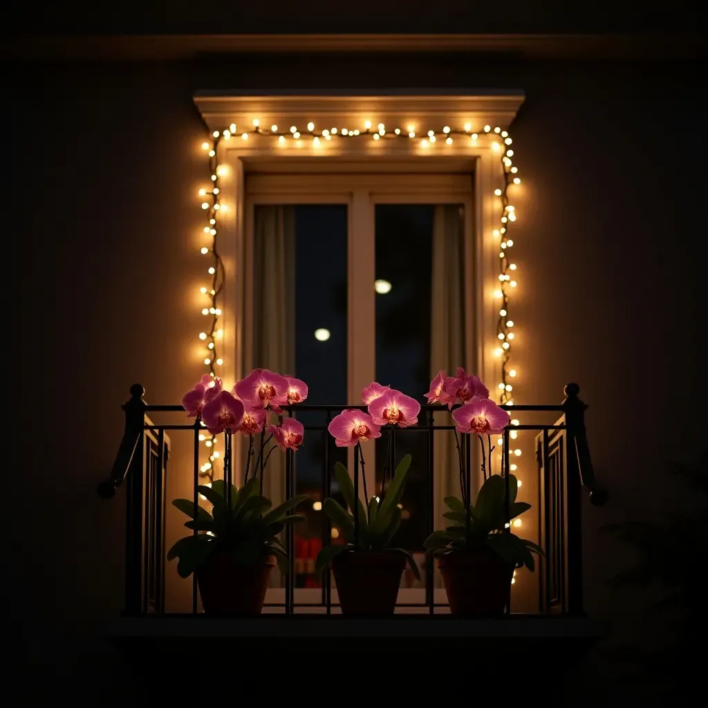 a photo of a balcony decorated with fairy lights and potted orchids