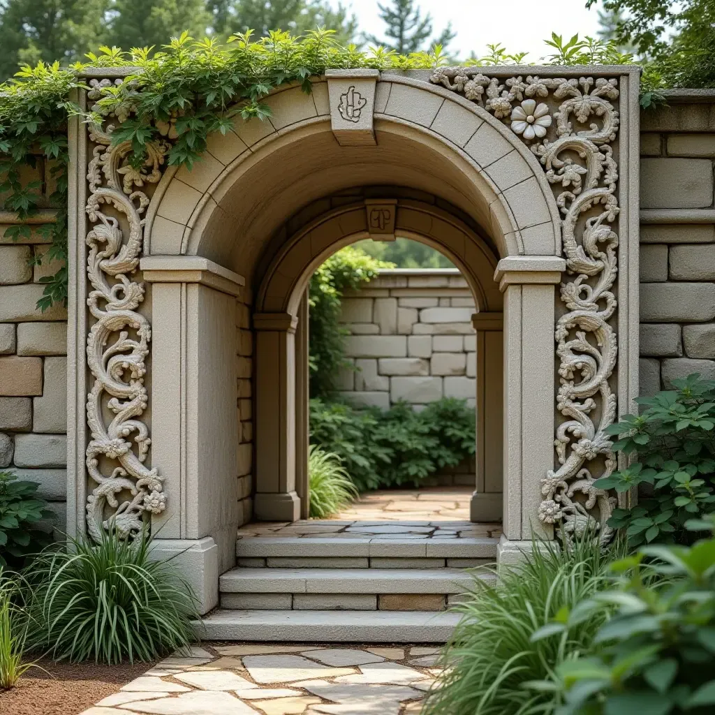 a photo of a unique garden wall with artistic carvings