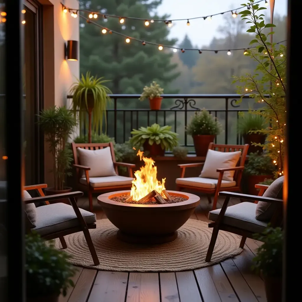 a photo of a balcony with a cozy fire pit surrounded by plants